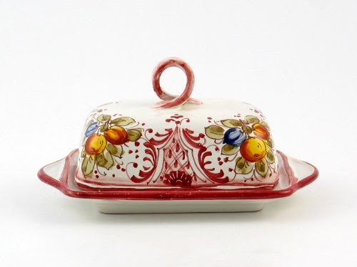 Hand Painted Italian Ceramic Butter Dish with Lid Frutta Rosso - Handmade in Montelupo, Tuscany
