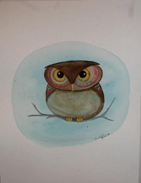 whimsical owl watercolor painting 16x16 - ArtbySarahEngland