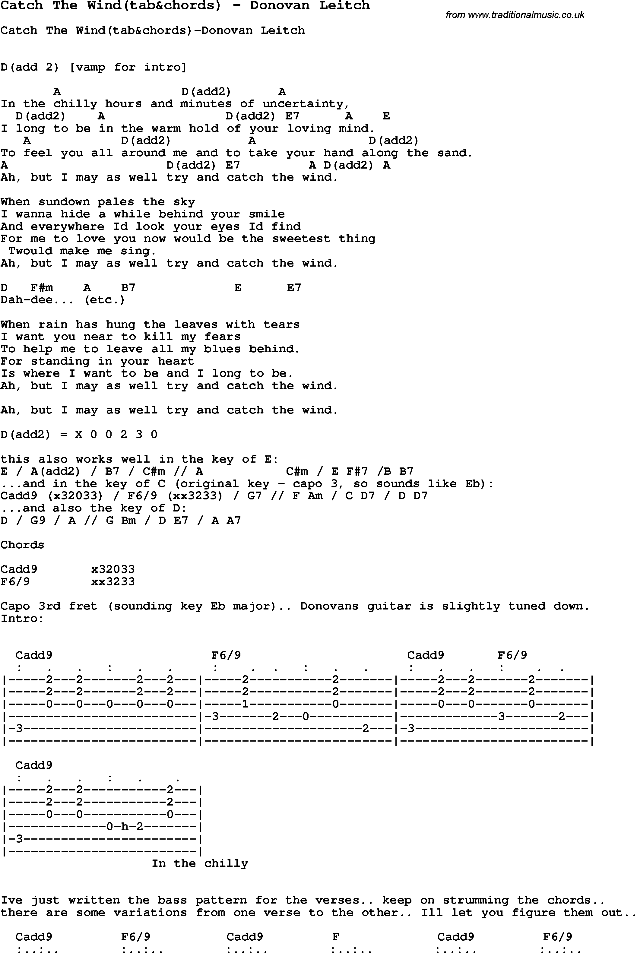 Song Catch The Wind Tab Chords By Donovan Leitch Song Lyric For Vocal Performance Plus Accompaniment Chords For Ukulele Guitar Banjo Etc