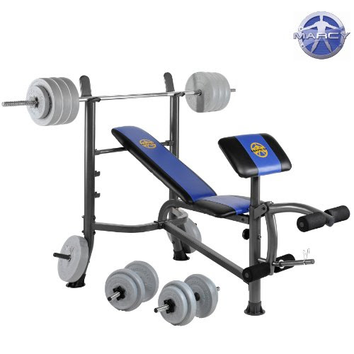 Reviews Marcy Starter Weight Bench With 50kg Vinyl Weight Set With Barbell  &  Dumbell Bars