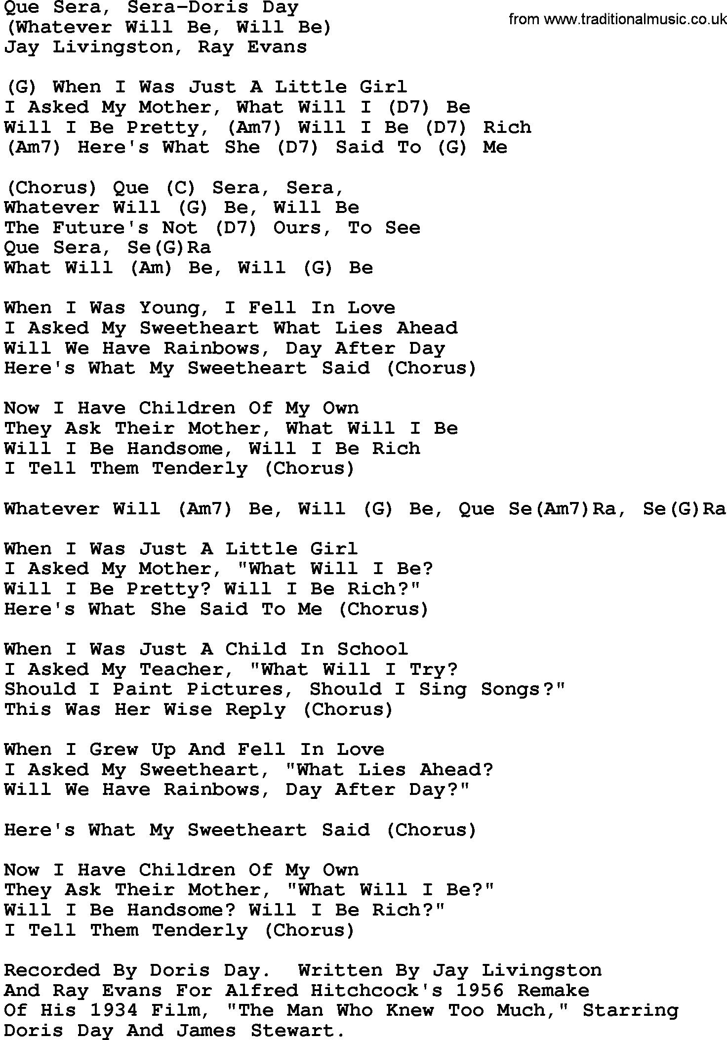 Que Sera Sera Chord Chord Walls