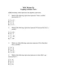 Verbal and Algebraic Expressions Worksheet for 8th - 9th ...