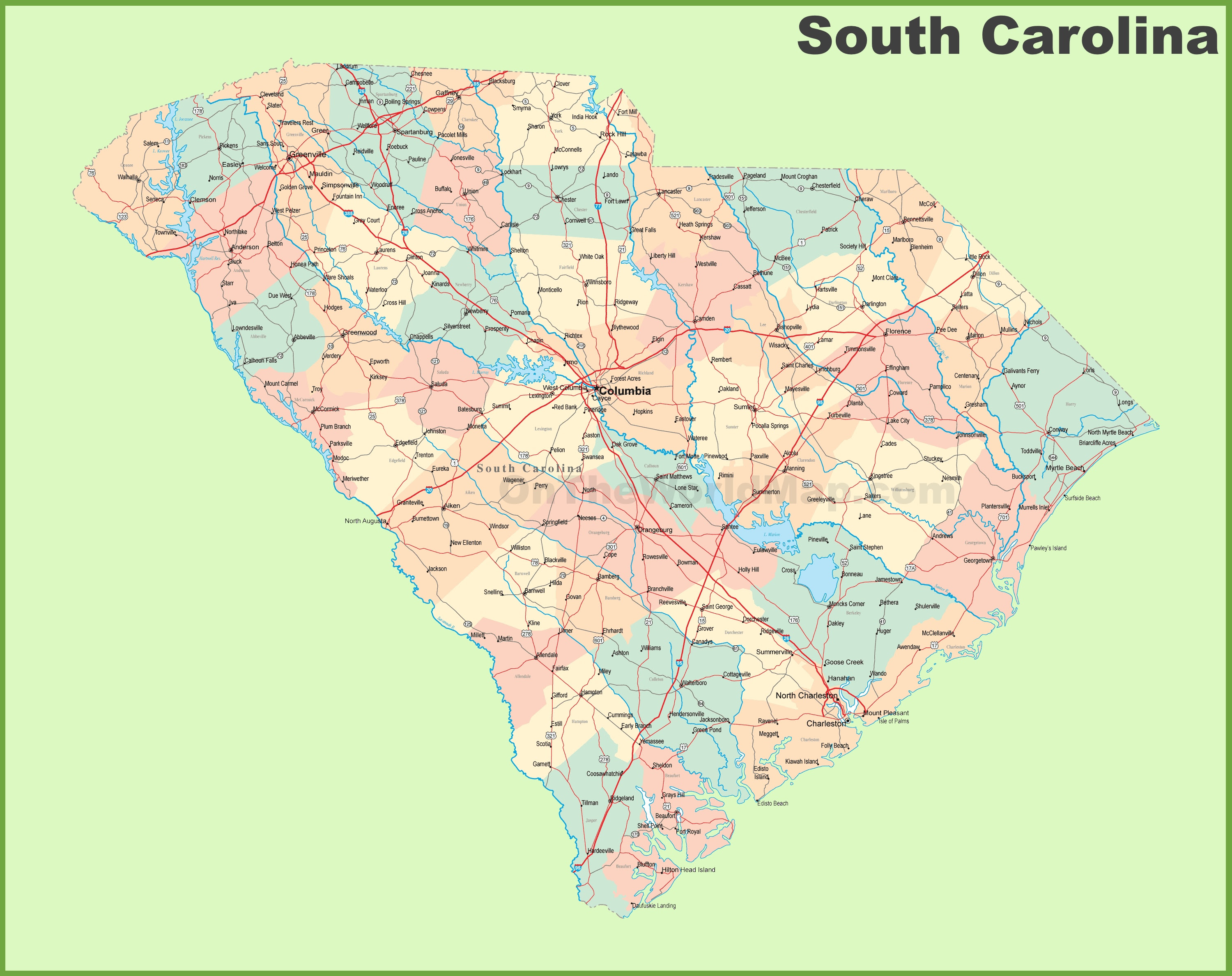 Map Of Towns In South Carolina Road map of South Carolina with cities