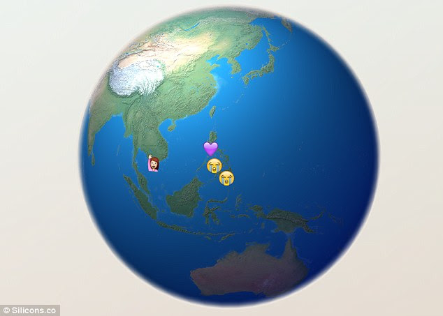 The globe, pictured, spins slowly on its axis around the equator, but clicking the image and dragging it with the mouse cursor lets viewers pinpoint particular countries, such as the Philippines and Vietnam pictured