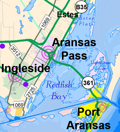 Aransas Pass Texas Map Fishing Maps and Spots for areas around Redfish Bay and Port Aransas