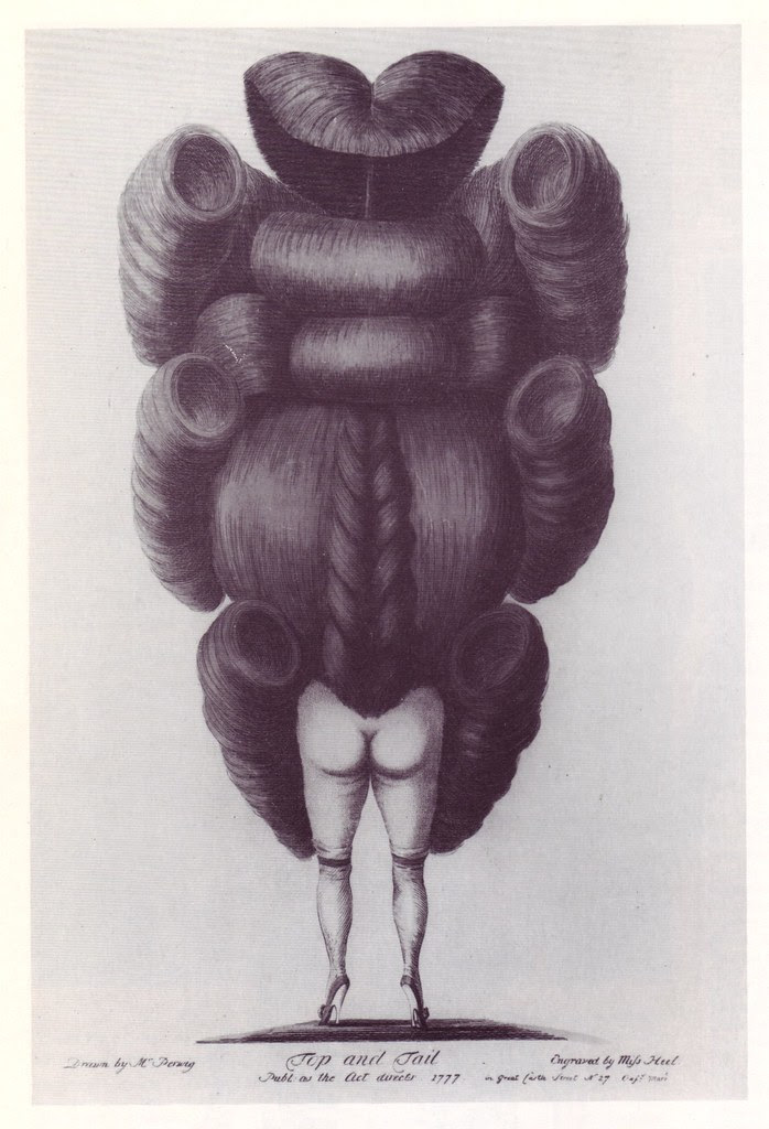 absurd engraving poking fun at hairstyles in 18th century