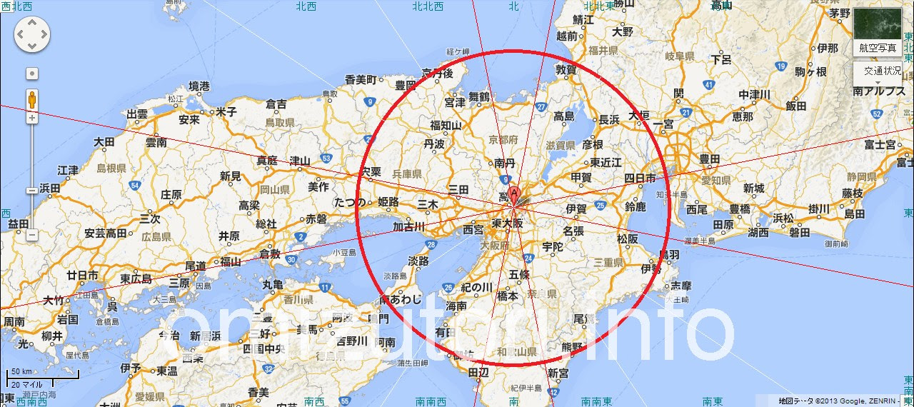 大阪府枚方市から見た吉方位地図 主なパワースポット