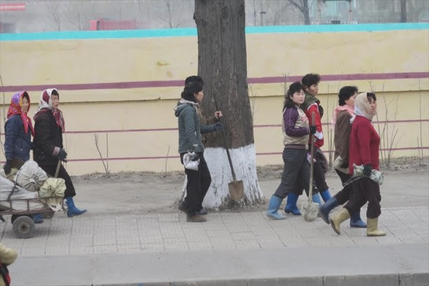 平壤街头的妇女；gotong royong,打扫出干净卫生的环境，敬佩！
