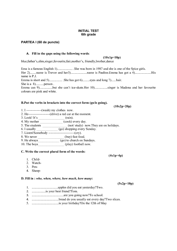 English Final Exam For 6th Grade  sixth grade english final exam worksheets for kids teachers 