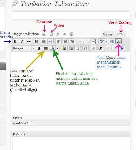 Menu dan Toolbar Tulisan WordPress