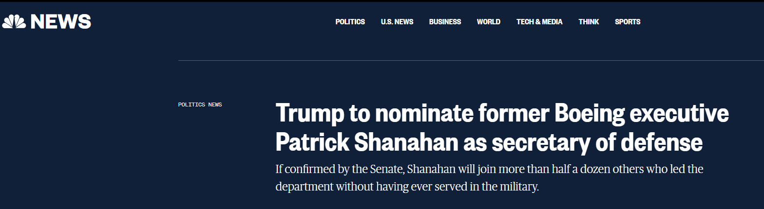 要转正 美媒 特朗普将提名前波音高管任国防部长 纳汉