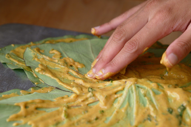 Spreading the chickpea flour batter