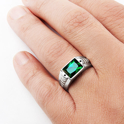 925 Sterling Silver Men's Emerald Ring with Black Onyx Accents