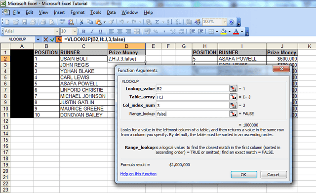 last bit A screenshot showing the “function arguments” window, the lookup value with cell B2, the data for the table array – columns H to J, the column index number – 3 and the range lookup field populated with the word “false”, which it should always be.