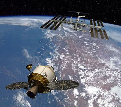 An artist's concept of the ORION spacecraft approaching the International Space Station.