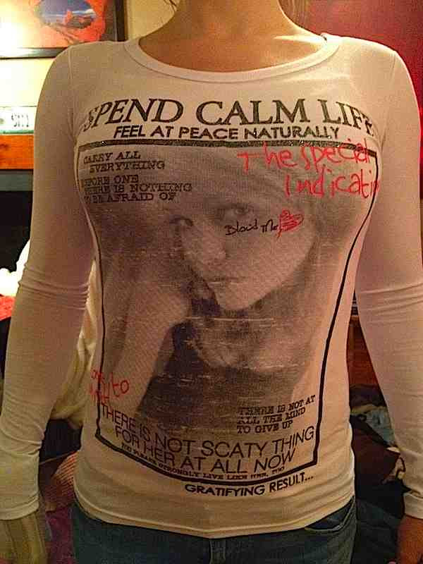Beautiful Model Wearing a Chinese Engrish T-Shirt: Spend Calm Life