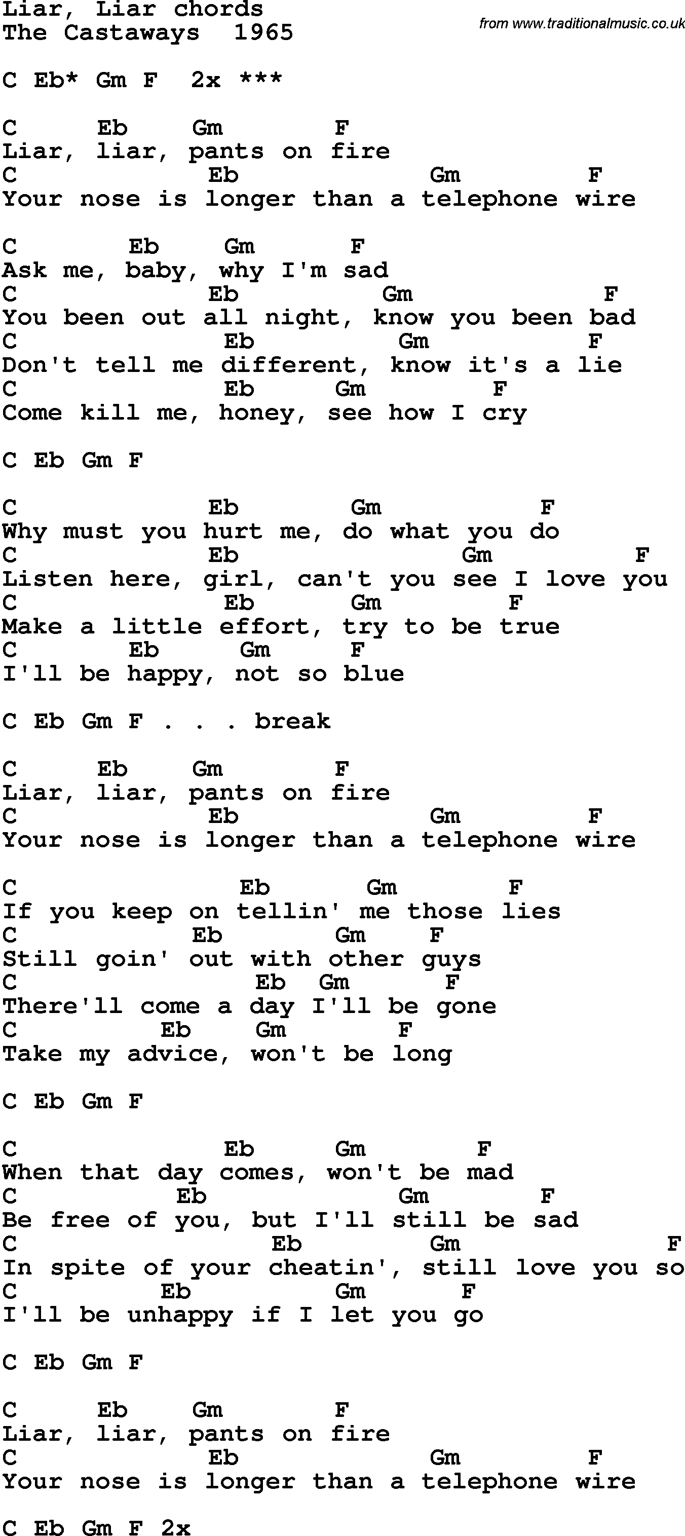 Song Lyrics With Guitar Chords For Liar Liar