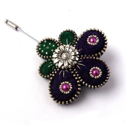 Aneta Kulesza.Unusual Zipper Brooch, Felt Pin, Zipper Brooch with Pearls and Button,Handmade Jewelry via Etsy