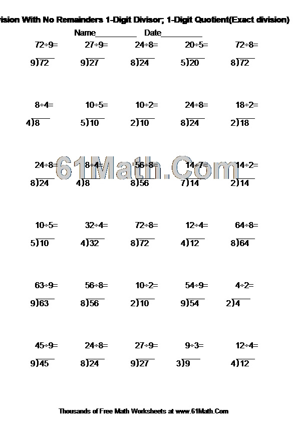 long division with no remainders 1 digit divisor 1 digit quotient exact division create your own math worksheets