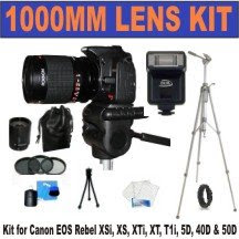 Rokinon High Definition 500mm F/8.0 T Mount Telephoto Zoom Lens with 2x Teleconverter (=1000mm)+ 3 Piece Lens Filter Kit + Deluxe 65" Camera Tripod with Carrying Case + Premier Digital Slave Flash + Celltime 3-Piece Lens Cleaning Kit for Canon EOS Rebel XSi, XS, XTi, XT, T1i, 5D, 40D & 50D Digital SLR Cameras