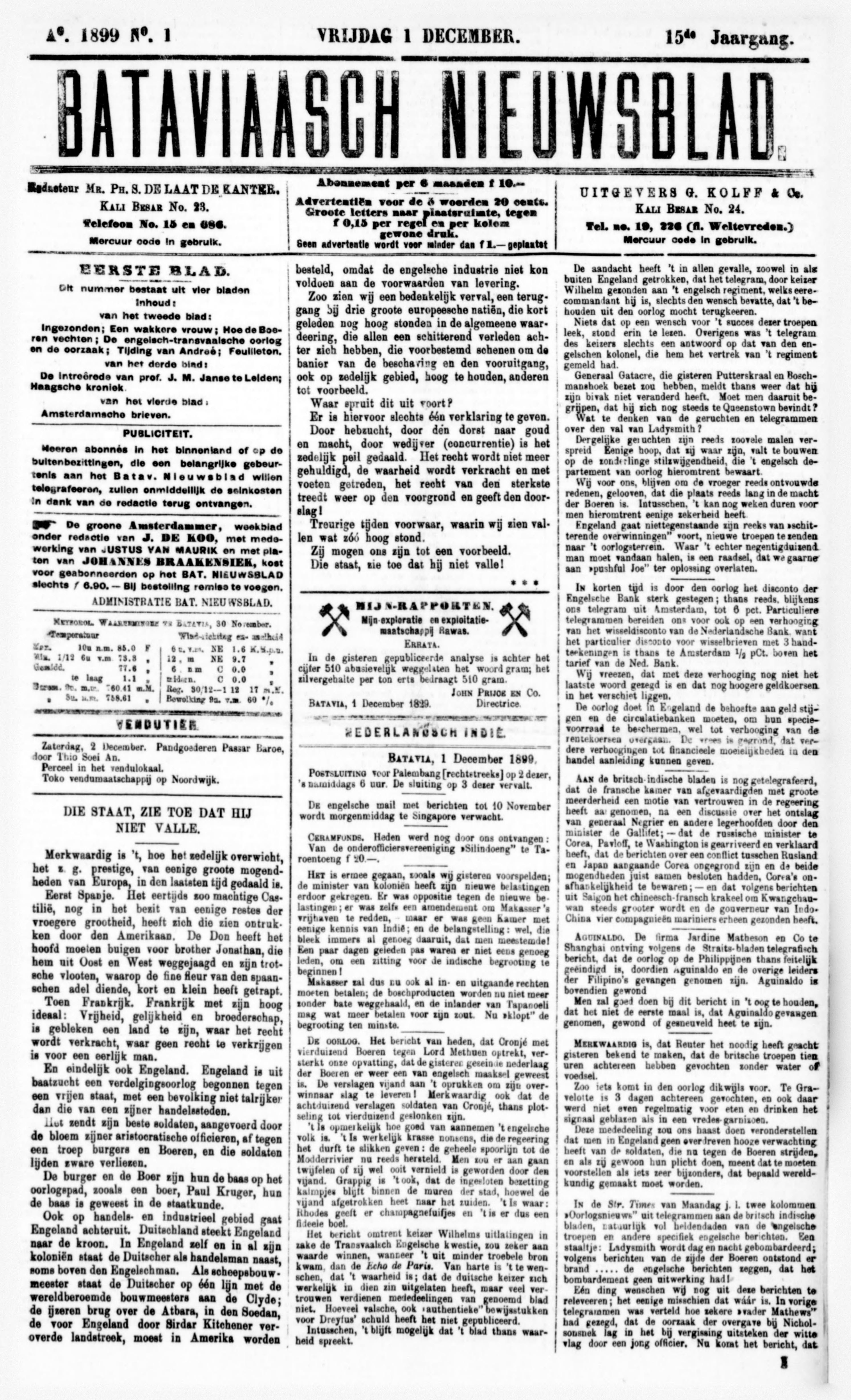 Bataviaasch nieuwsblad 01 Dec 1899 Page 1