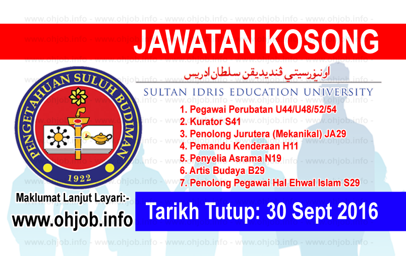 Jawatan Kerja Kosong Universiti Pendidikan Sultan Idris (UPSI) logo www.ohjob.info september 2016
