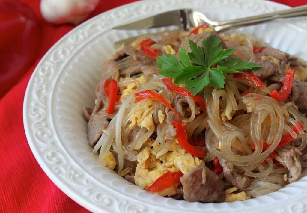 A Thai Glass Noodle Dish with Egg, Beef &amp; Bean Sprouts and ...