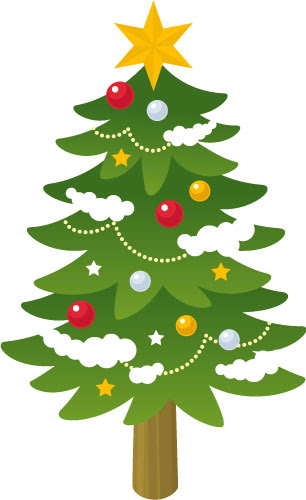 無料素材 スター飾りやクリスマスボールで綺麗に飾り付けされたクリスマスツリーのベクターイラスト