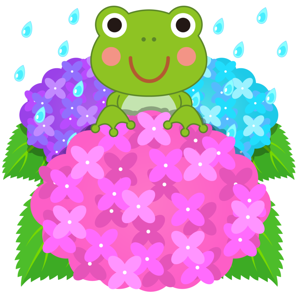 商用フリー 無料イラスト カラフルな紫陽花 あじさい に乗るかえるのイラスト Frog009 商用ok フリー素材集 ナイスなイラスト