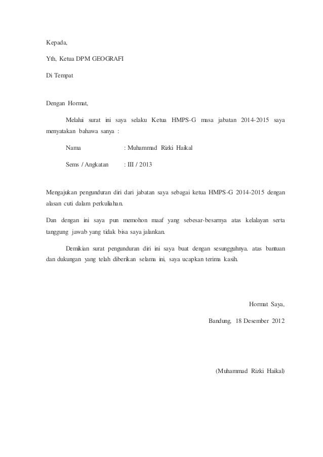 Contoh Surat Pengunduran Diri Dari Jabatan Ketua Rt 