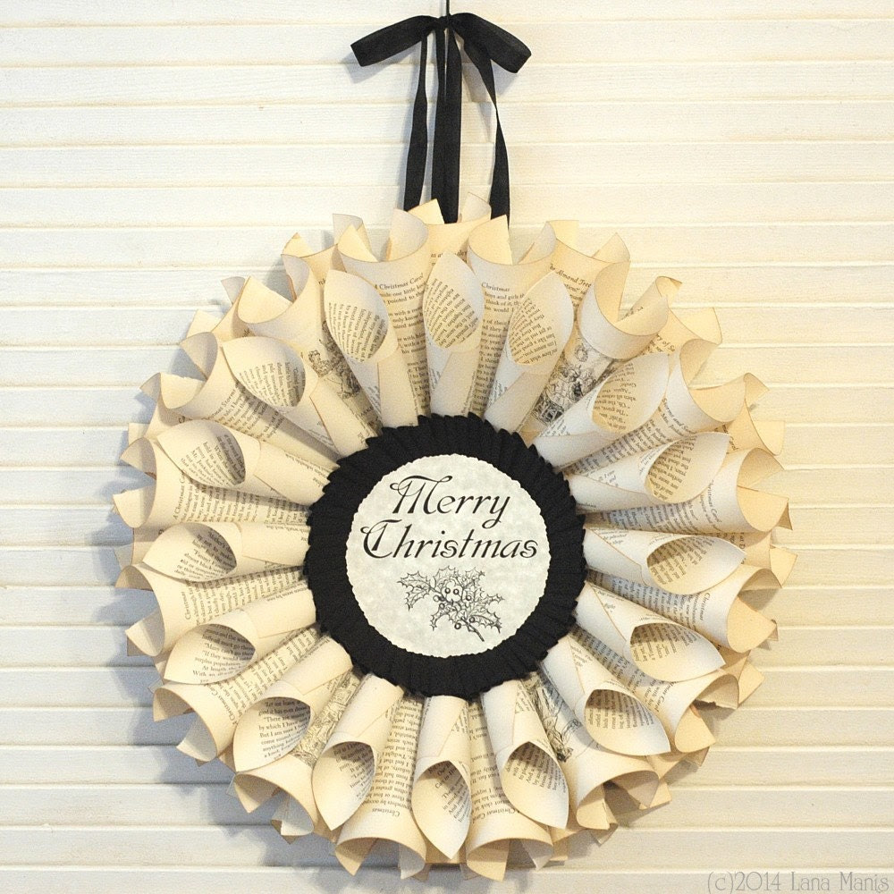 Merry Christmas Wreath - Holiday Decor - Book Page Wreath - Paper Wreath - Cottage Chic