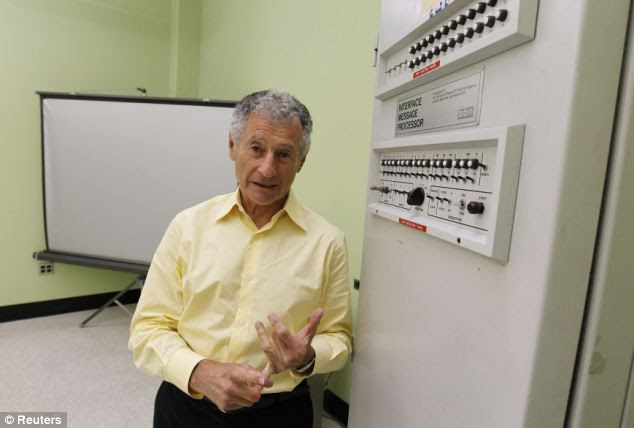 Professor Leonard Kleinrock, Distinguished Professor of Computer Science at UCLA is shown next to UCLA's Interface Message Processor (IMP)