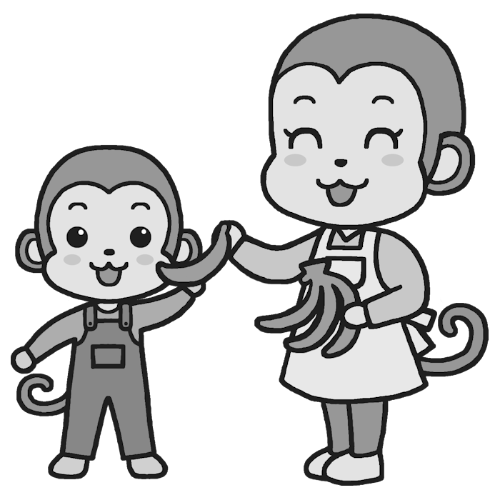 サル1 モノクロ 親子 かわいい動物の無料イラスト素材