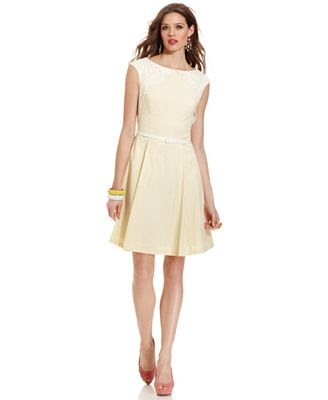 Maggy London Dress, Cap-Sleeve Belted Lace Seersucker A-Line