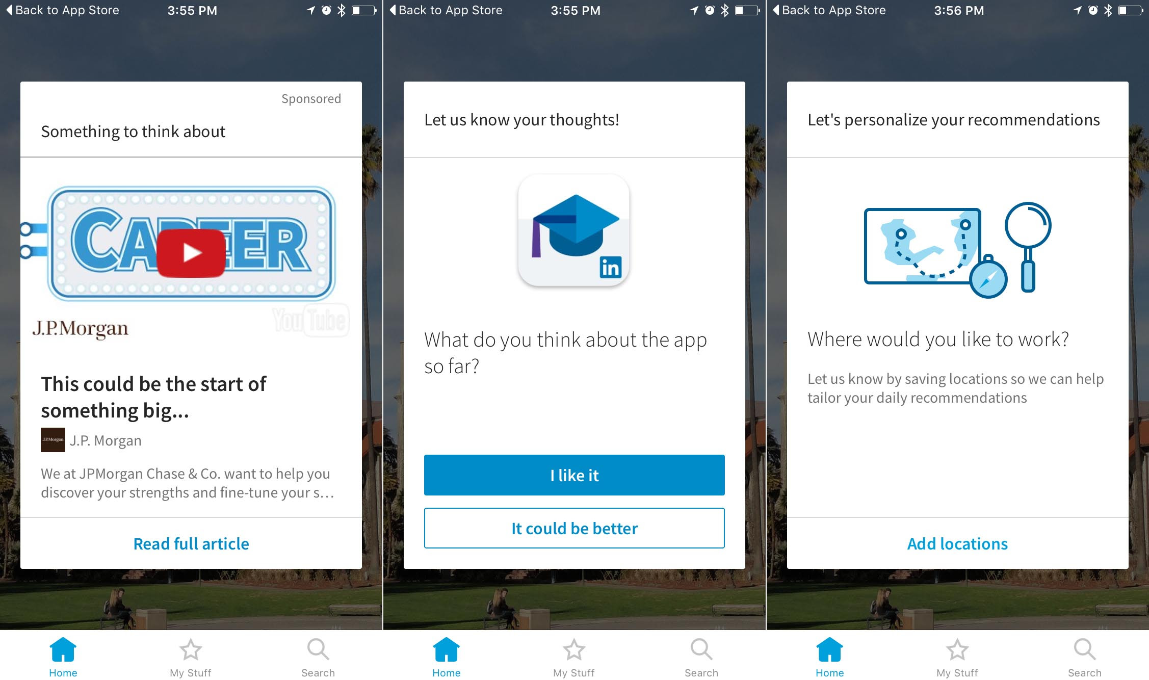 Screenshots of LinkedIn's Students app 