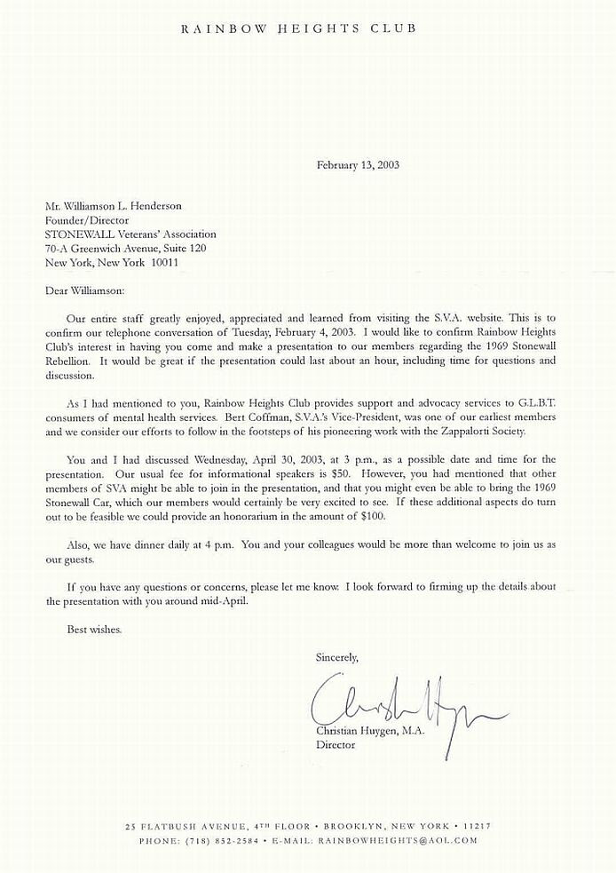 Letter from S.V.A. President to aCommunity College for GLBT Event Letter from S.V.A. President to aCommunity College for GLBT Event