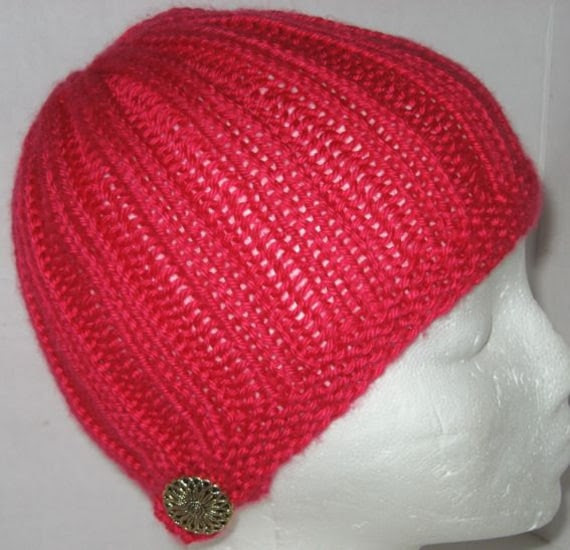 Fabulous Fuschia Hand Knit Hat with Gold Tone Button