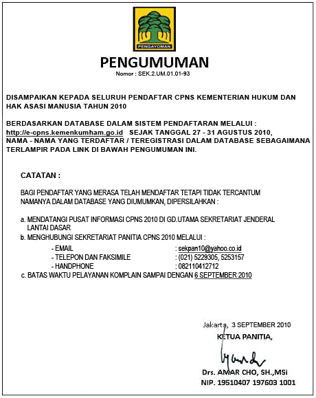 Pengumuman Hasil Seleksi Berkas Penerimaan CPNS Depkumham 