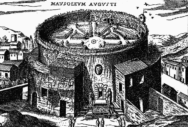 Ilustración antigua sobre el aspecto original del Mausoleo de Augusto.