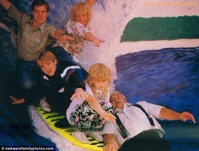 Just going to shut my eyes for a second: This Eighties family are eager to hang ten, but Grandpa seems more interested in his afternoon nap