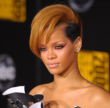 Rihanna, blonde Mohawk, 2009. Rihanna, Red hair w/extensions, 2010