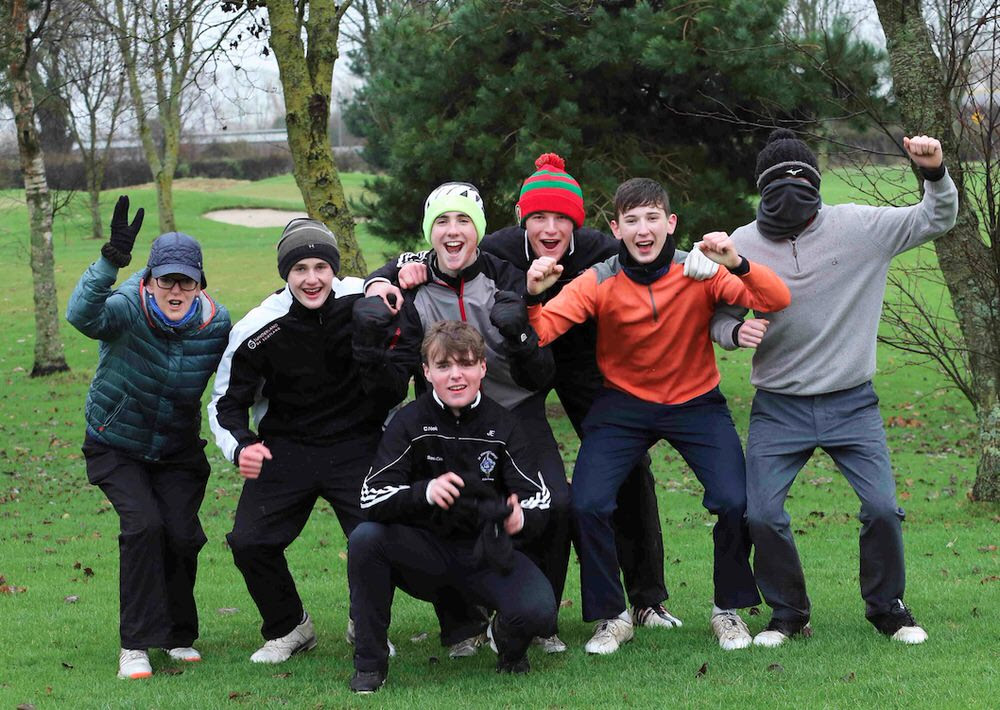 Winners St Kieran's College, Kilkenny: L-R Team Manager Anne Wemyss, Patrick O'Shea, Sean Minogue, Michael O'Shaughnessy, Ned Kirwan, Shane Whelan and James Everard at the Leinster Schools Senior Championship Finals at Newbridge Golf Club, Co.Kildare. Image by Jenny Matthews /Pat Cashman Photography