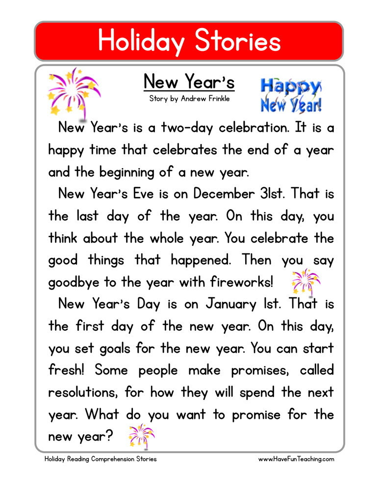 reading comprehension worksheet new years
