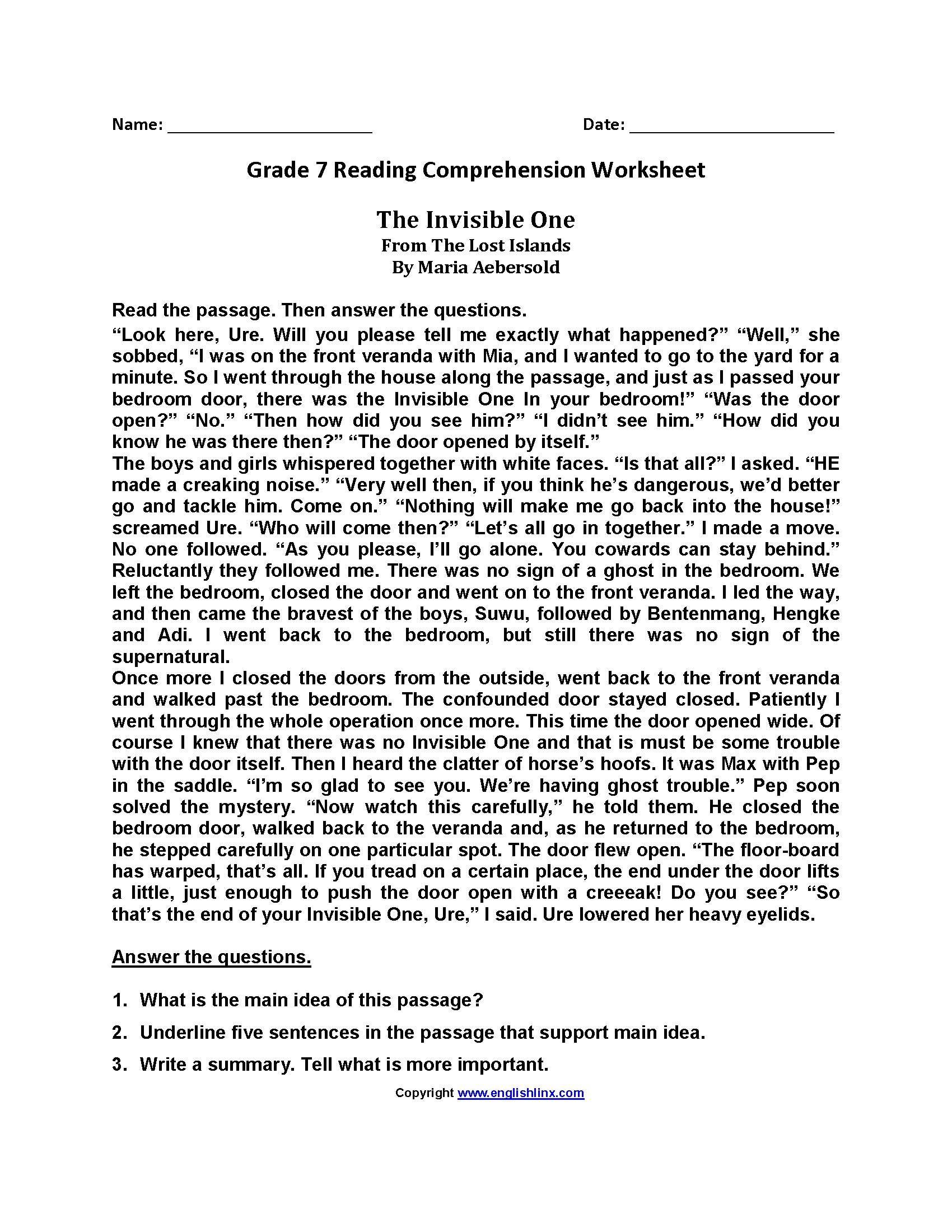 Reading Worksheets | Seventh Grade Reading Worksheets