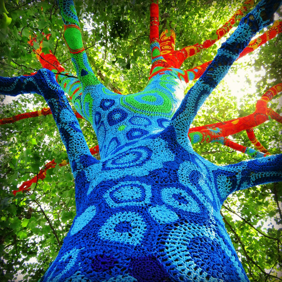yarnbombed trees at long island museum