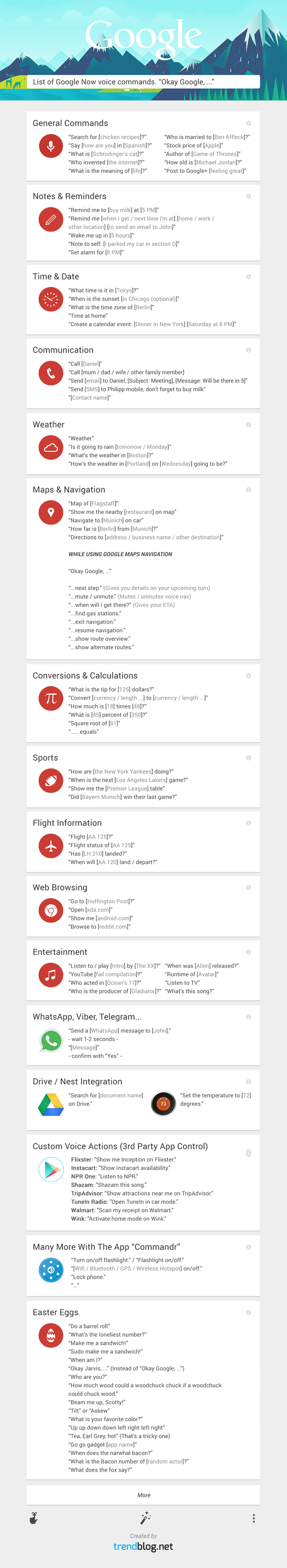 Awesome list of 70+ awesome ‘Okay Google’ voice commands - infographic