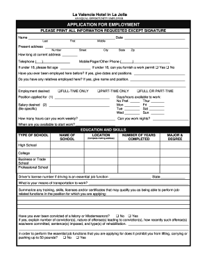 Fillable Sample Employment Application Form - La Valencia Hotel