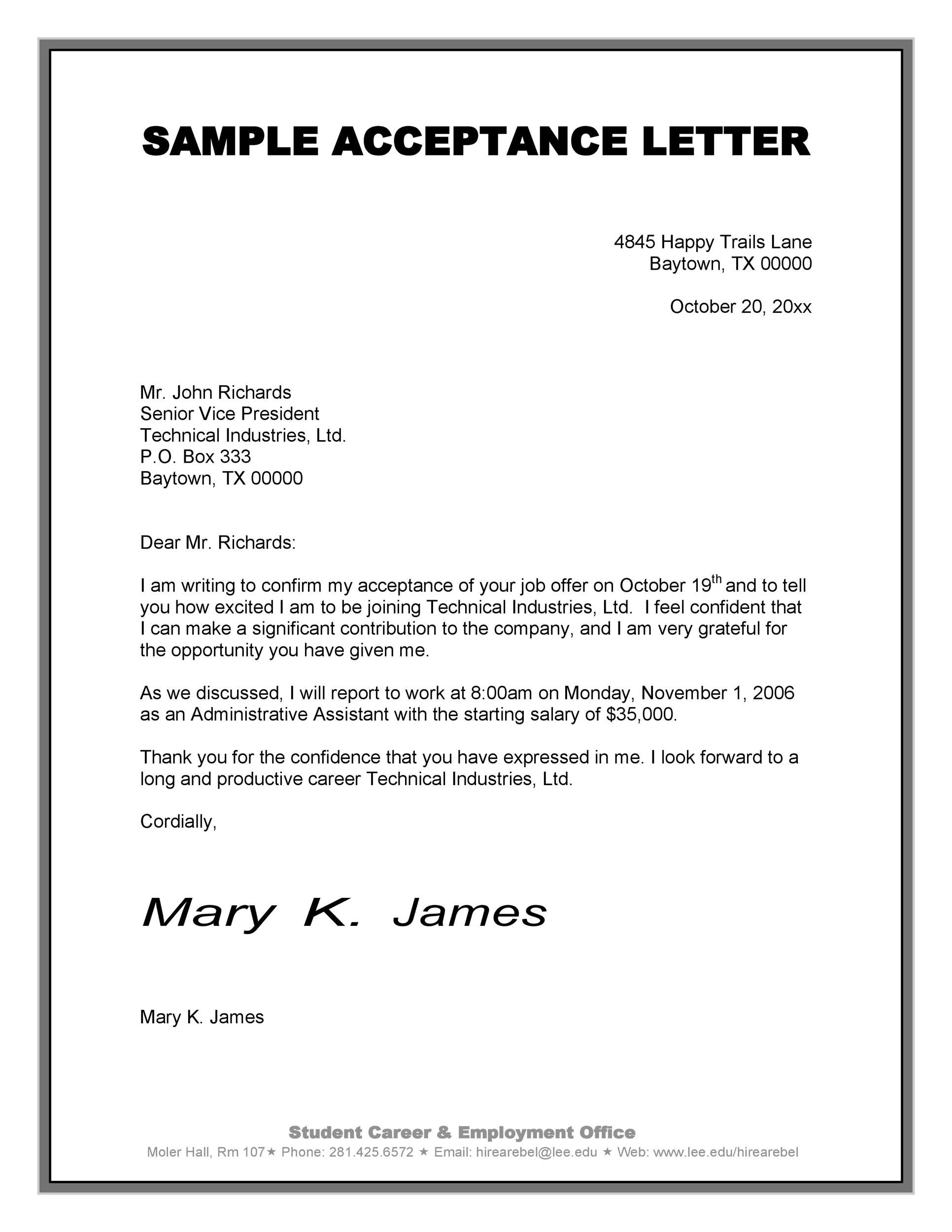 Acceptance Email Sample