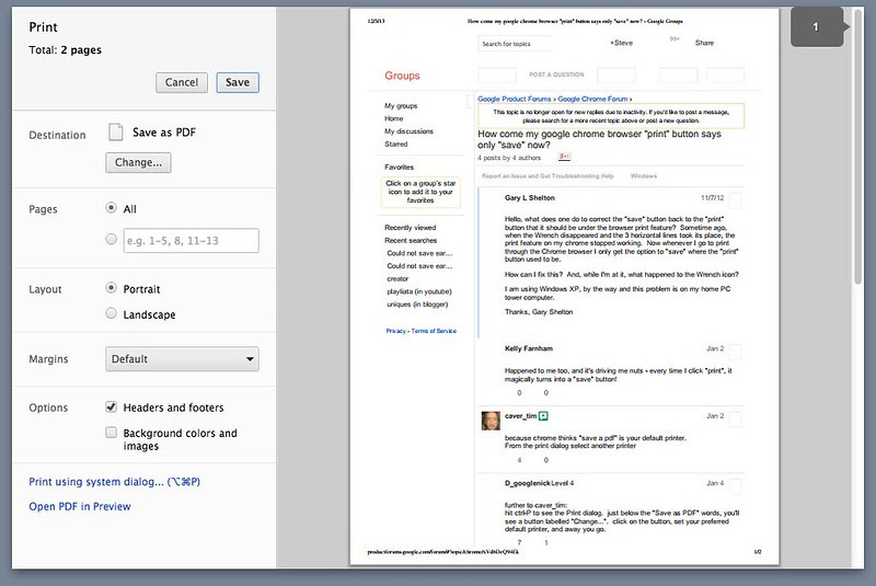 Google Chrome: Print Dialog Save as PDF