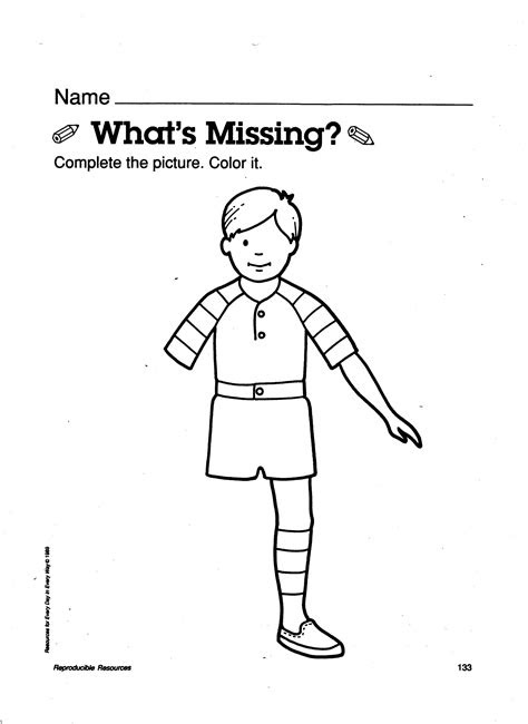 This mini book is very basic, but introduces the words and pictures together with simple sentences, perfect for little people to understand. body awareness whats missing worksheet kindergarten worksheets